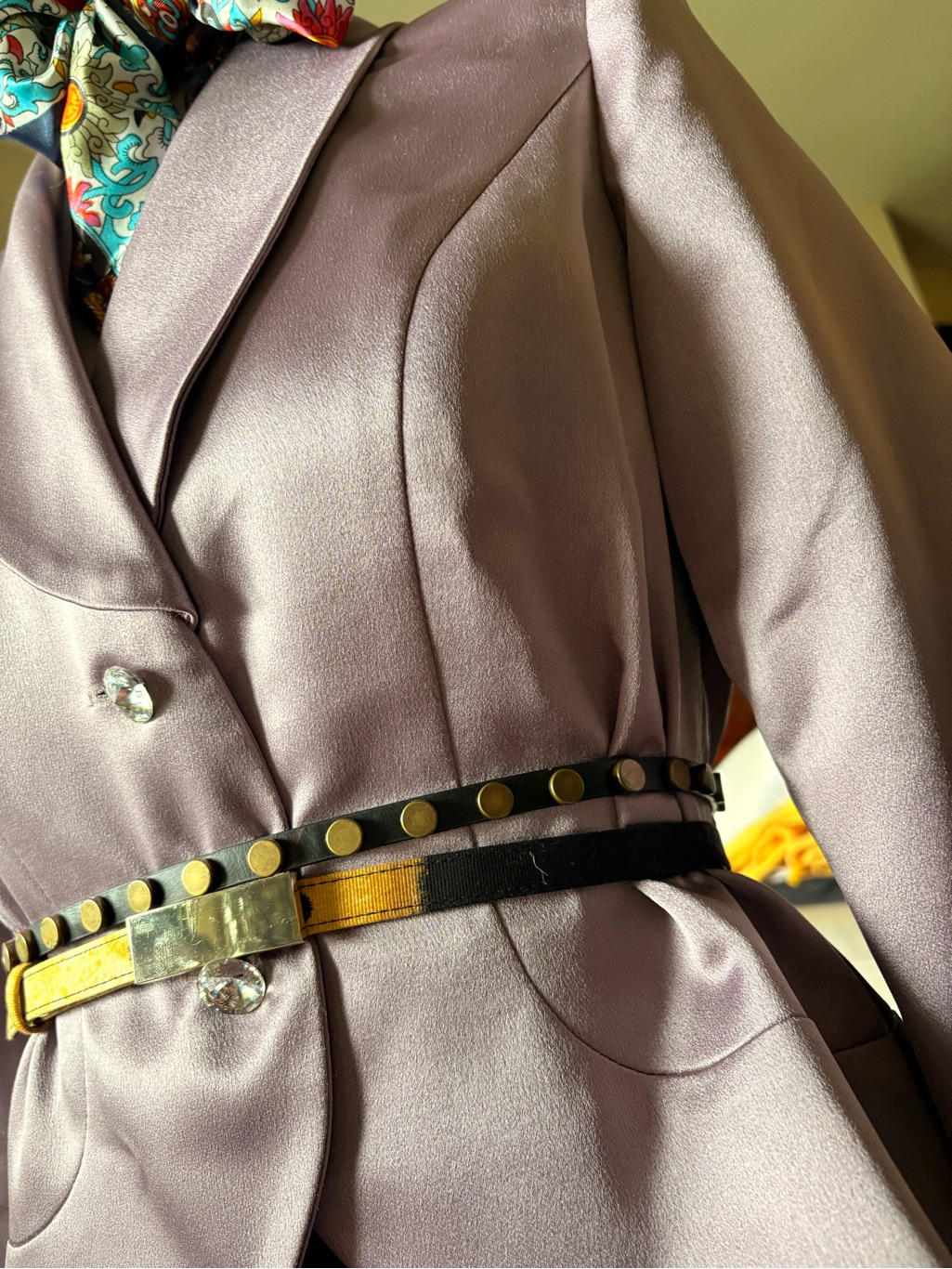 Vintage-Inspired Lavender Satin Blazer, Studded Belt, Bebe Skirt, Scarf Combo